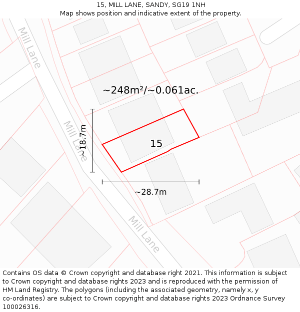 15, MILL LANE, SANDY, SG19 1NH: Plot and title map