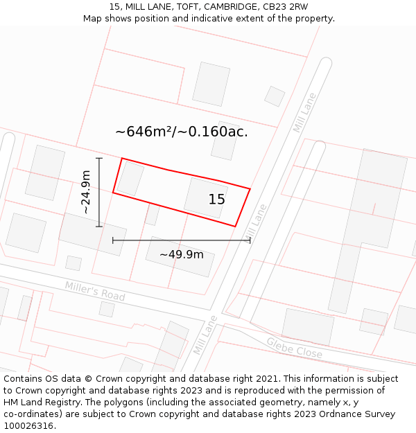 15, MILL LANE, TOFT, CAMBRIDGE, CB23 2RW: Plot and title map