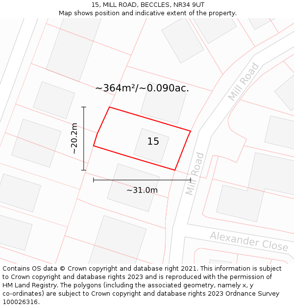 15, MILL ROAD, BECCLES, NR34 9UT: Plot and title map