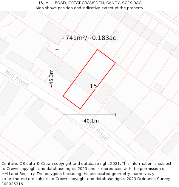 15, MILL ROAD, GREAT GRANSDEN, SANDY, SG19 3AG: Plot and title map