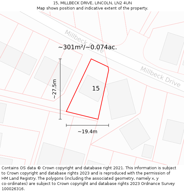 15, MILLBECK DRIVE, LINCOLN, LN2 4UN: Plot and title map