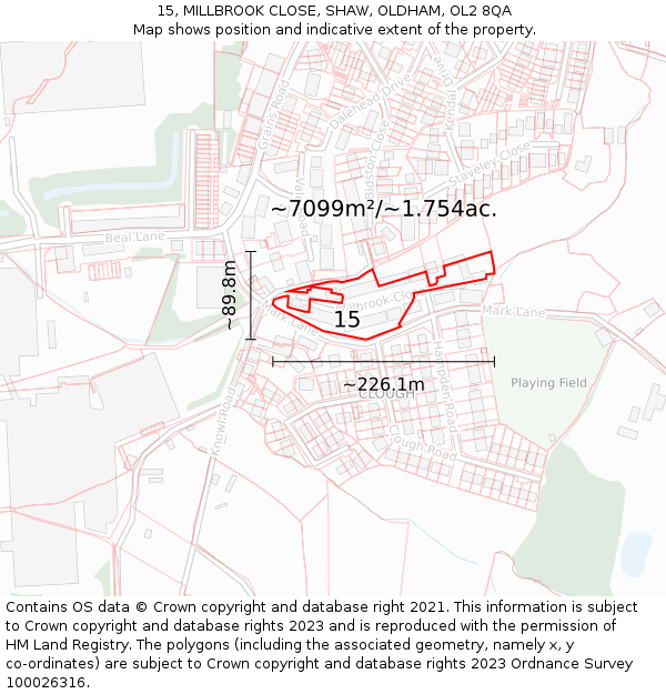 15, MILLBROOK CLOSE, SHAW, OLDHAM, OL2 8QA: Plot and title map