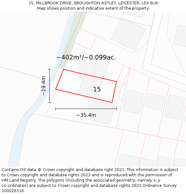 15, MILLBROOK DRIVE, BROUGHTON ASTLEY, LEICESTER, LE9 6UX: Plot and title map