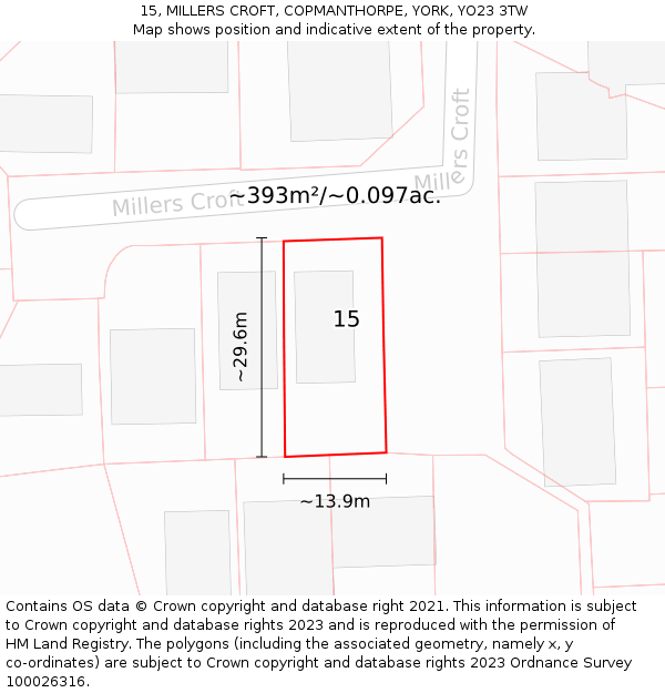 15, MILLERS CROFT, COPMANTHORPE, YORK, YO23 3TW: Plot and title map