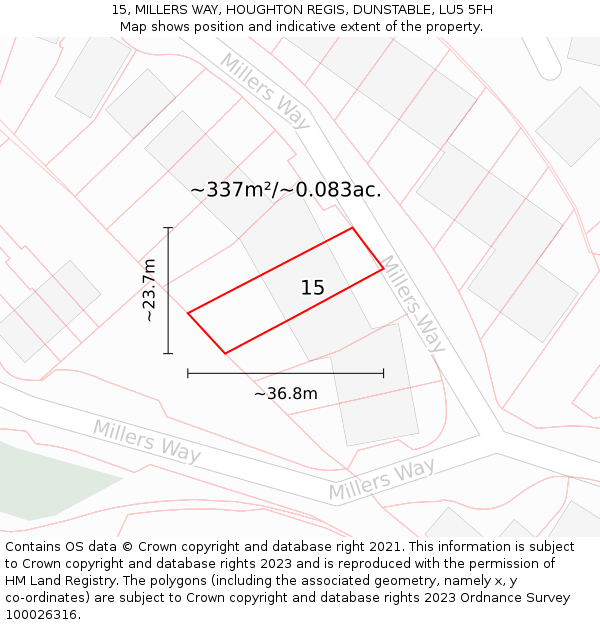 15, MILLERS WAY, HOUGHTON REGIS, DUNSTABLE, LU5 5FH: Plot and title map