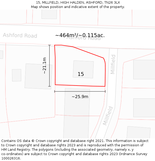 15, MILLFIELD, HIGH HALDEN, ASHFORD, TN26 3LX: Plot and title map
