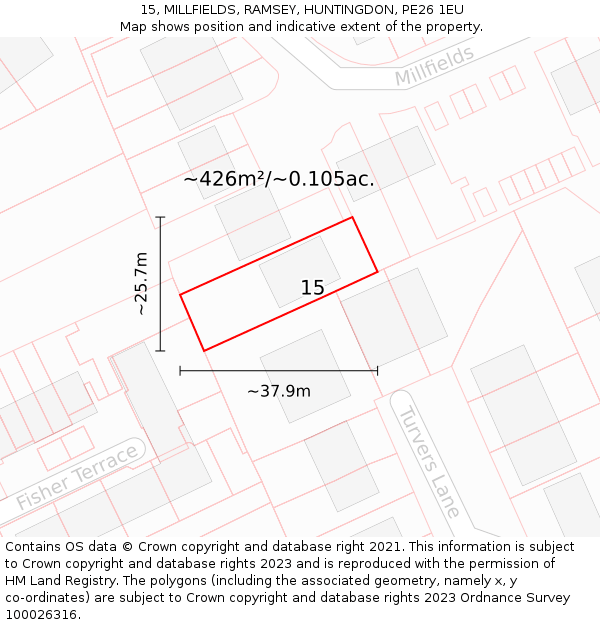 15, MILLFIELDS, RAMSEY, HUNTINGDON, PE26 1EU: Plot and title map