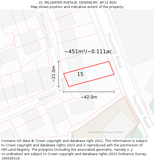 15, MILLWATER AVENUE, DEWSBURY, WF12 9QN: Plot and title map