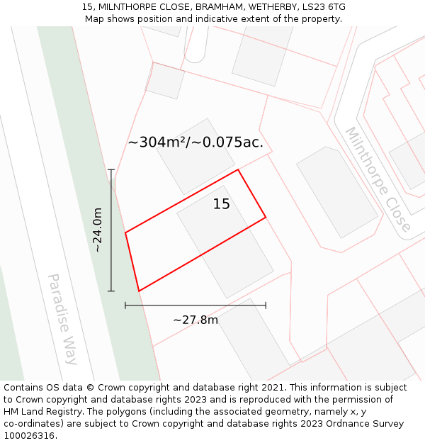 15, MILNTHORPE CLOSE, BRAMHAM, WETHERBY, LS23 6TG: Plot and title map