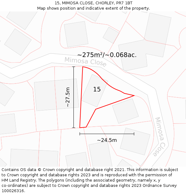 15, MIMOSA CLOSE, CHORLEY, PR7 1BT: Plot and title map
