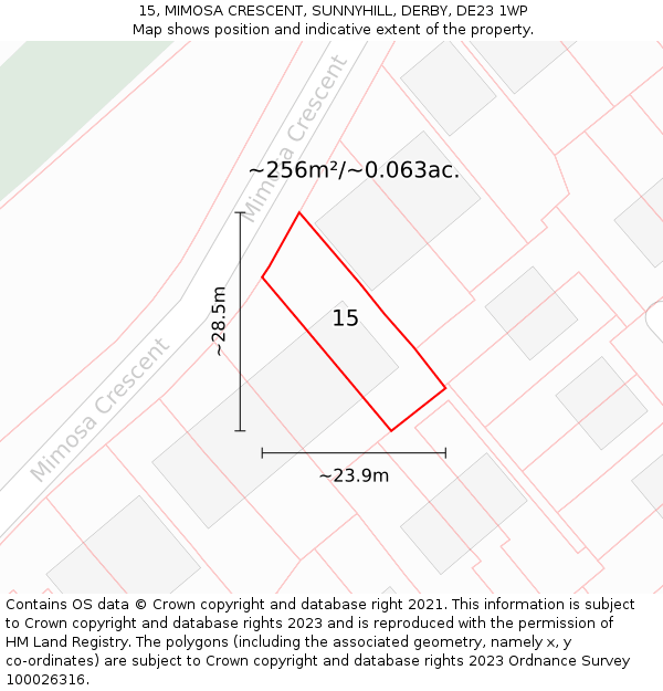15, MIMOSA CRESCENT, SUNNYHILL, DERBY, DE23 1WP: Plot and title map
