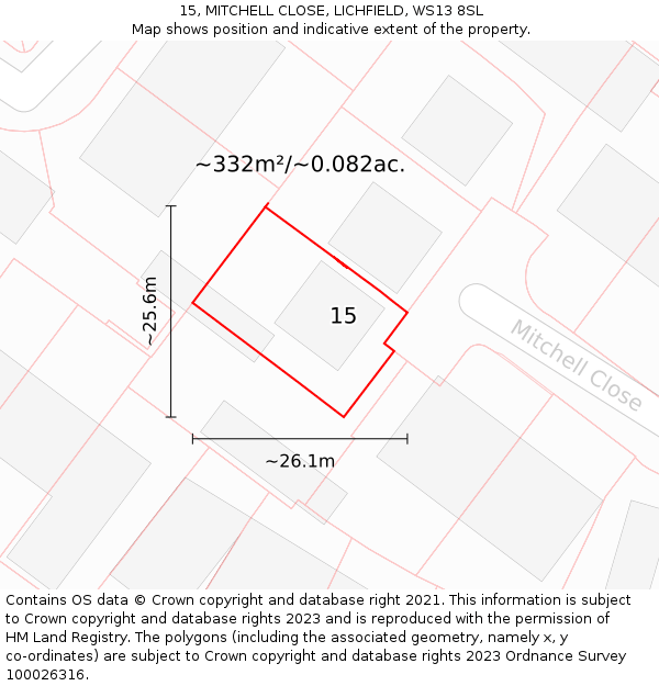 15, MITCHELL CLOSE, LICHFIELD, WS13 8SL: Plot and title map