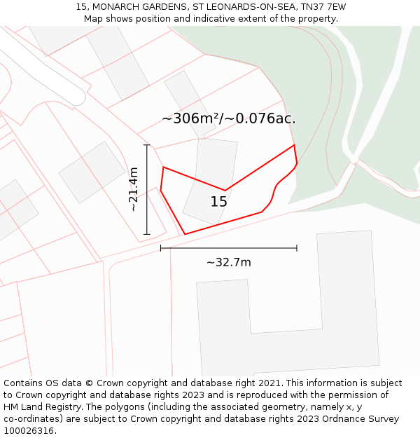 15, MONARCH GARDENS, ST LEONARDS-ON-SEA, TN37 7EW: Plot and title map