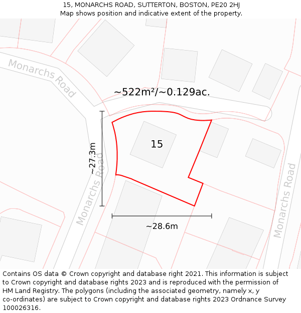 15, MONARCHS ROAD, SUTTERTON, BOSTON, PE20 2HJ: Plot and title map