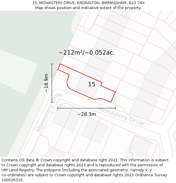 15, MONASTERY DRIVE, ERDINGTON, BIRMINGHAM, B23 7AX: Plot and title map