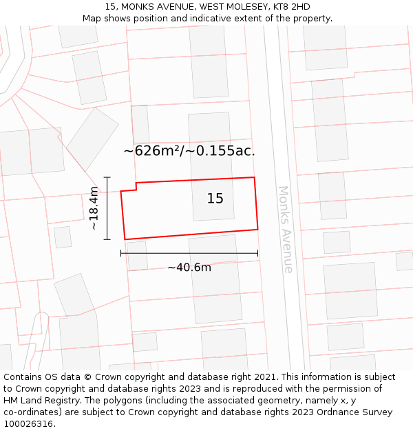 15, MONKS AVENUE, WEST MOLESEY, KT8 2HD: Plot and title map