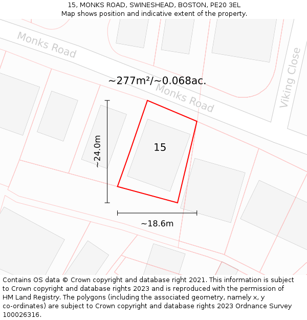15, MONKS ROAD, SWINESHEAD, BOSTON, PE20 3EL: Plot and title map