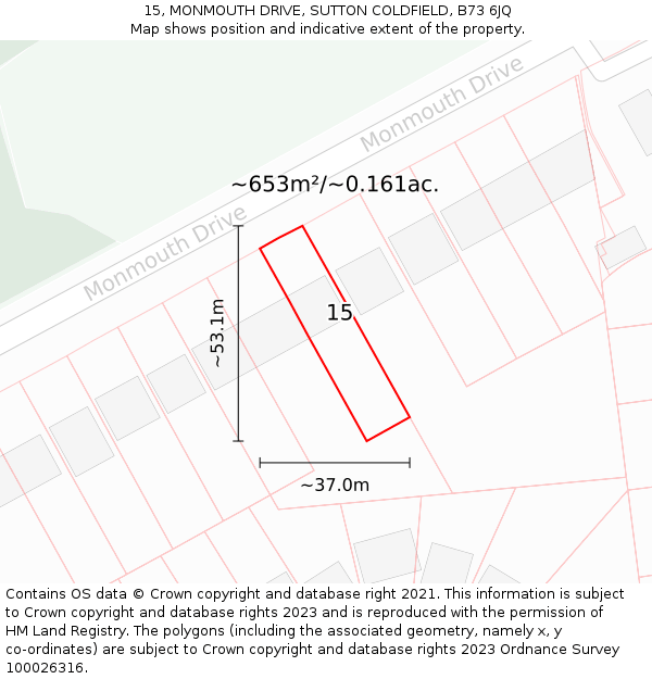 15, MONMOUTH DRIVE, SUTTON COLDFIELD, B73 6JQ: Plot and title map