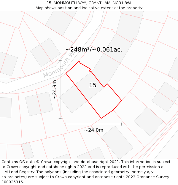 15, MONMOUTH WAY, GRANTHAM, NG31 8WL: Plot and title map