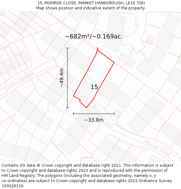 15, MONROE CLOSE, MARKET HARBOROUGH, LE16 7QN: Plot and title map