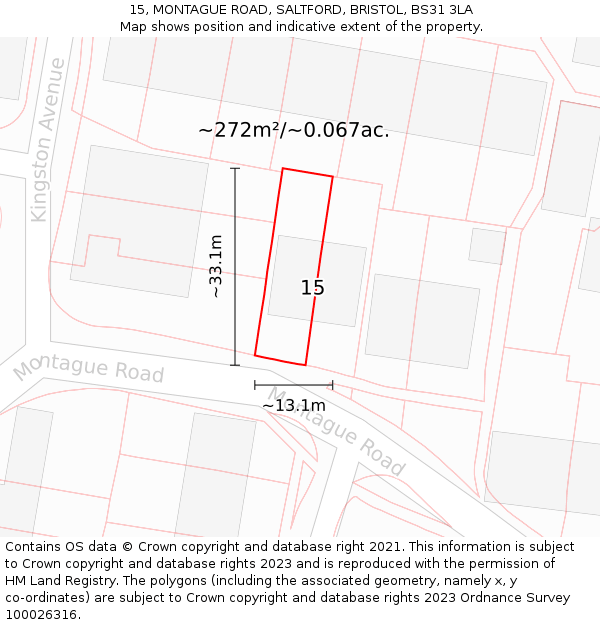 15, MONTAGUE ROAD, SALTFORD, BRISTOL, BS31 3LA: Plot and title map