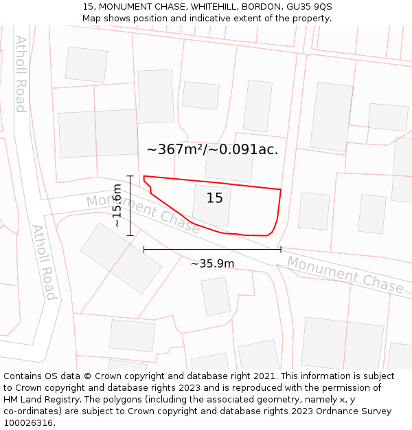 15, MONUMENT CHASE, WHITEHILL, BORDON, GU35 9QS: Plot and title map