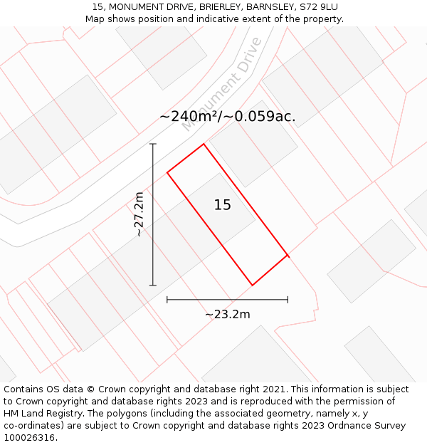 15, MONUMENT DRIVE, BRIERLEY, BARNSLEY, S72 9LU: Plot and title map