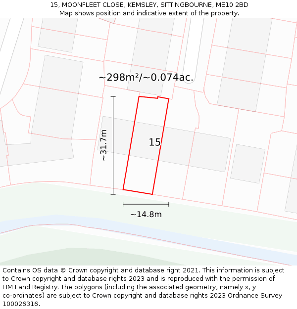 15, MOONFLEET CLOSE, KEMSLEY, SITTINGBOURNE, ME10 2BD: Plot and title map
