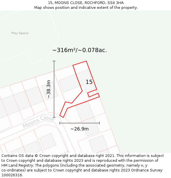 15, MOONS CLOSE, ROCHFORD, SS4 3HA: Plot and title map