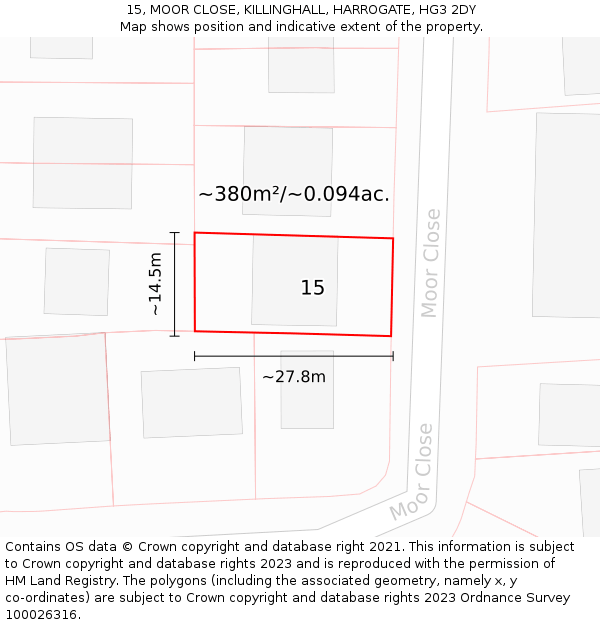 15, MOOR CLOSE, KILLINGHALL, HARROGATE, HG3 2DY: Plot and title map