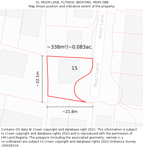 15, MOOR LANE, FLITWICK, BEDFORD, MK45 5BB: Plot and title map