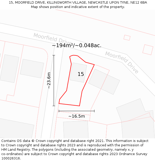 15, MOORFIELD DRIVE, KILLINGWORTH VILLAGE, NEWCASTLE UPON TYNE, NE12 6BA: Plot and title map