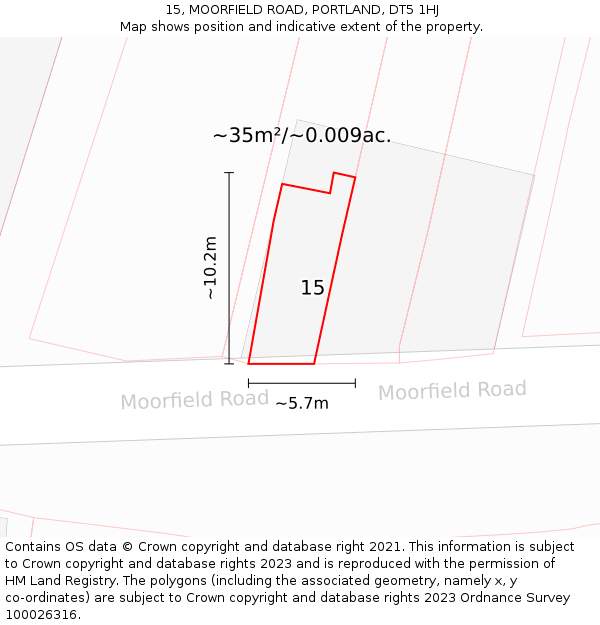 15, MOORFIELD ROAD, PORTLAND, DT5 1HJ: Plot and title map
