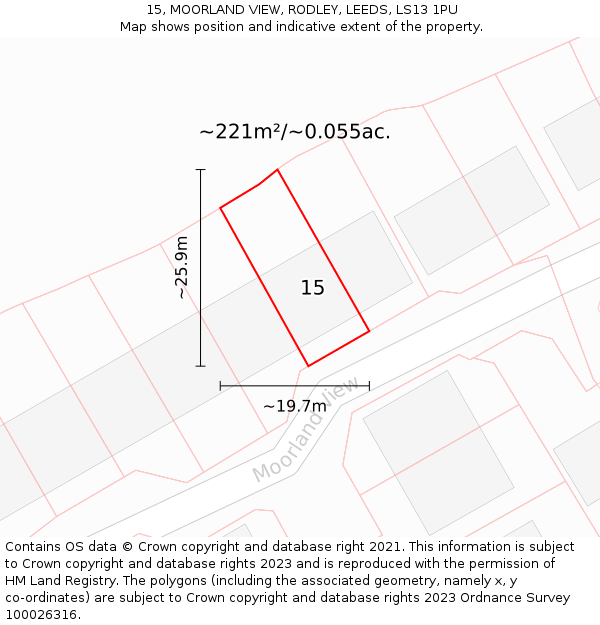15, MOORLAND VIEW, RODLEY, LEEDS, LS13 1PU: Plot and title map