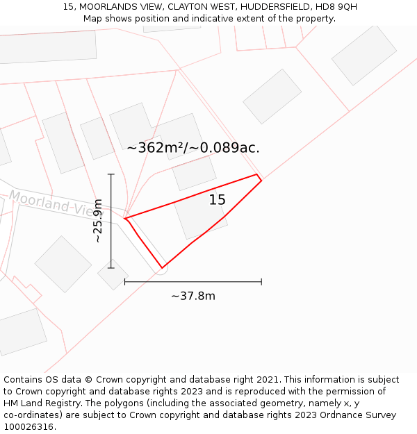 15, MOORLANDS VIEW, CLAYTON WEST, HUDDERSFIELD, HD8 9QH: Plot and title map
