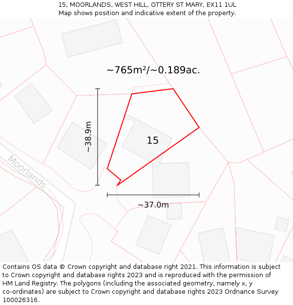 15, MOORLANDS, WEST HILL, OTTERY ST MARY, EX11 1UL: Plot and title map