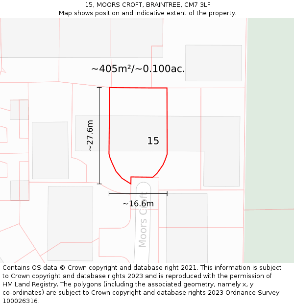 15, MOORS CROFT, BRAINTREE, CM7 3LF: Plot and title map