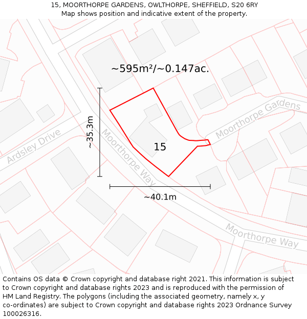 15, MOORTHORPE GARDENS, OWLTHORPE, SHEFFIELD, S20 6RY: Plot and title map