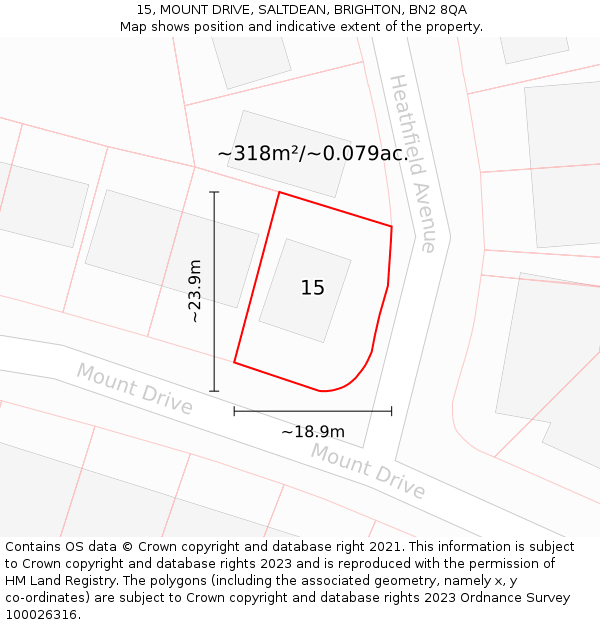 15, MOUNT DRIVE, SALTDEAN, BRIGHTON, BN2 8QA: Plot and title map