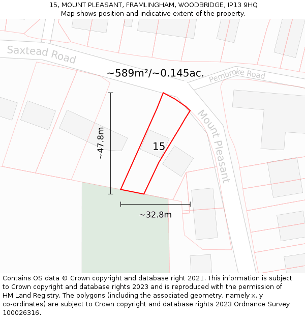 15, MOUNT PLEASANT, FRAMLINGHAM, WOODBRIDGE, IP13 9HQ: Plot and title map