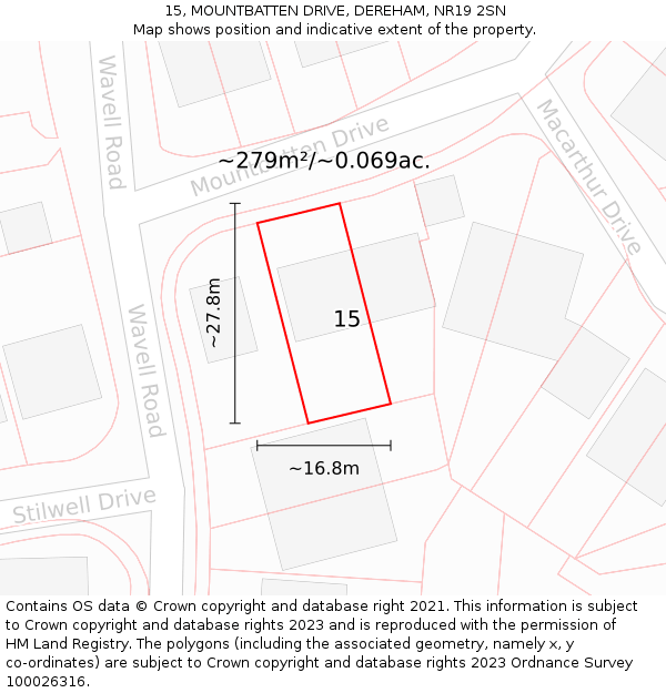 15, MOUNTBATTEN DRIVE, DEREHAM, NR19 2SN: Plot and title map