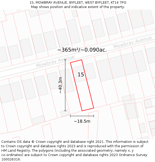 15, MOWBRAY AVENUE, BYFLEET, WEST BYFLEET, KT14 7PG: Plot and title map