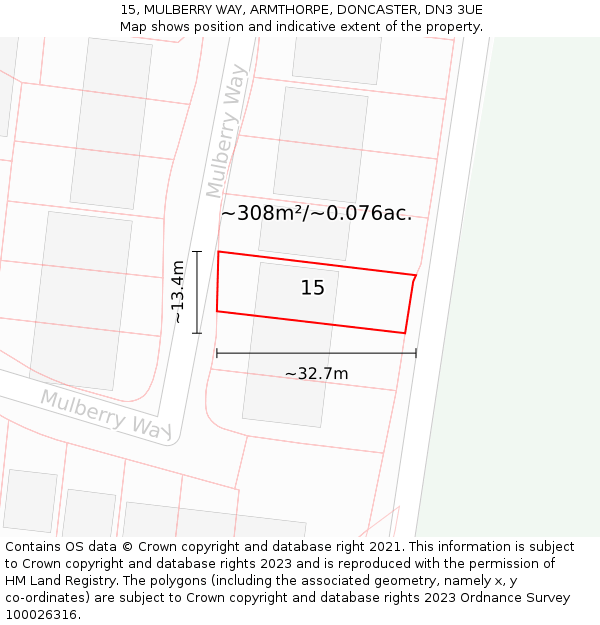15, MULBERRY WAY, ARMTHORPE, DONCASTER, DN3 3UE: Plot and title map