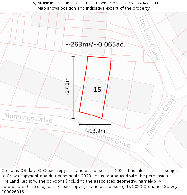 15, MUNNINGS DRIVE, COLLEGE TOWN, SANDHURST, GU47 0FN: Plot and title map