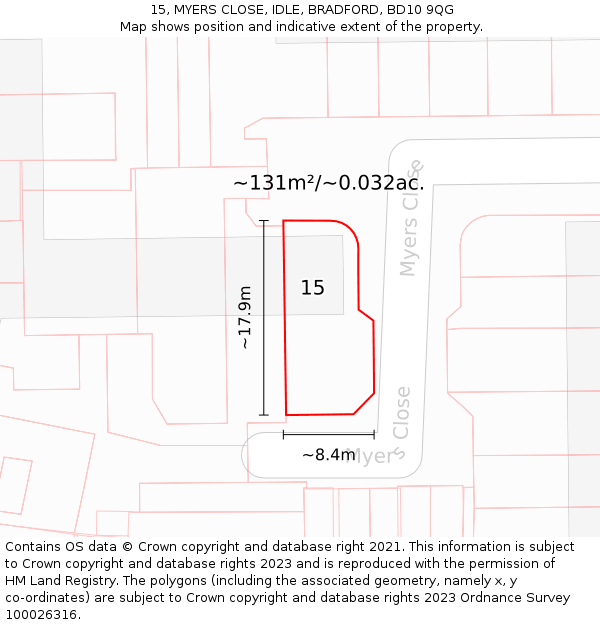 15, MYERS CLOSE, IDLE, BRADFORD, BD10 9QG: Plot and title map