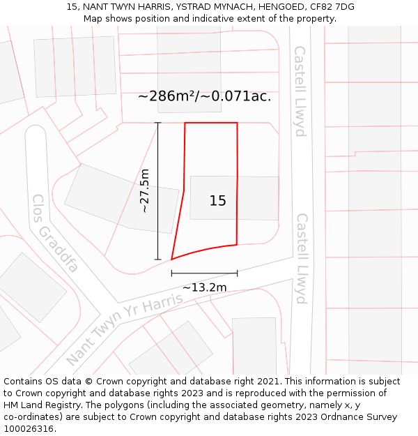 15, NANT TWYN HARRIS, YSTRAD MYNACH, HENGOED, CF82 7DG: Plot and title map