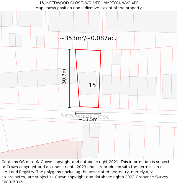15, NEEDWOOD CLOSE, WOLVERHAMPTON, WV2 4PP: Plot and title map