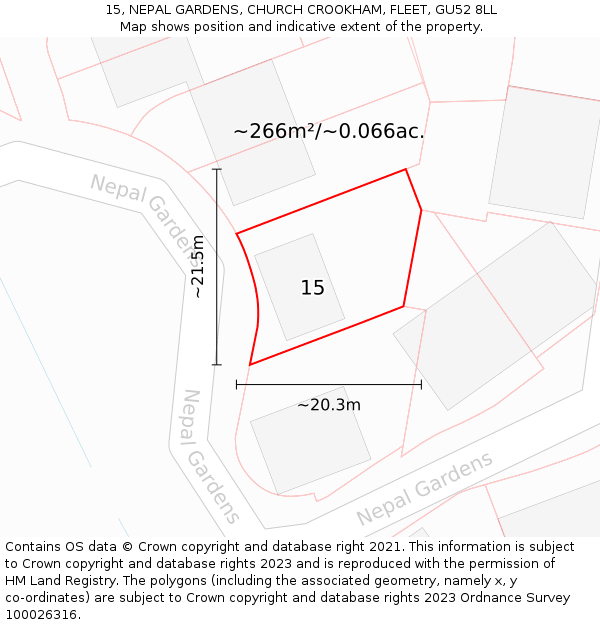 15, NEPAL GARDENS, CHURCH CROOKHAM, FLEET, GU52 8LL: Plot and title map