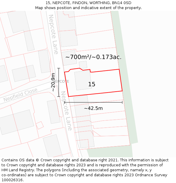 15, NEPCOTE, FINDON, WORTHING, BN14 0SD: Plot and title map