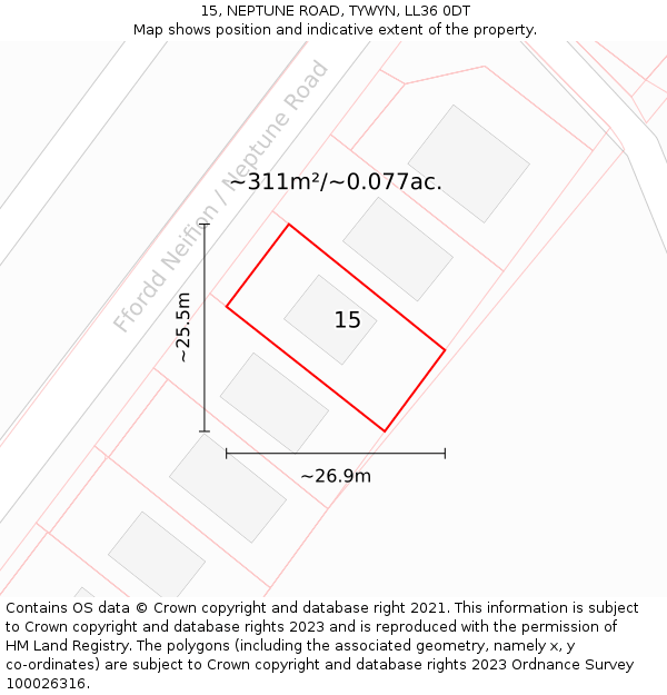 15, NEPTUNE ROAD, TYWYN, LL36 0DT: Plot and title map